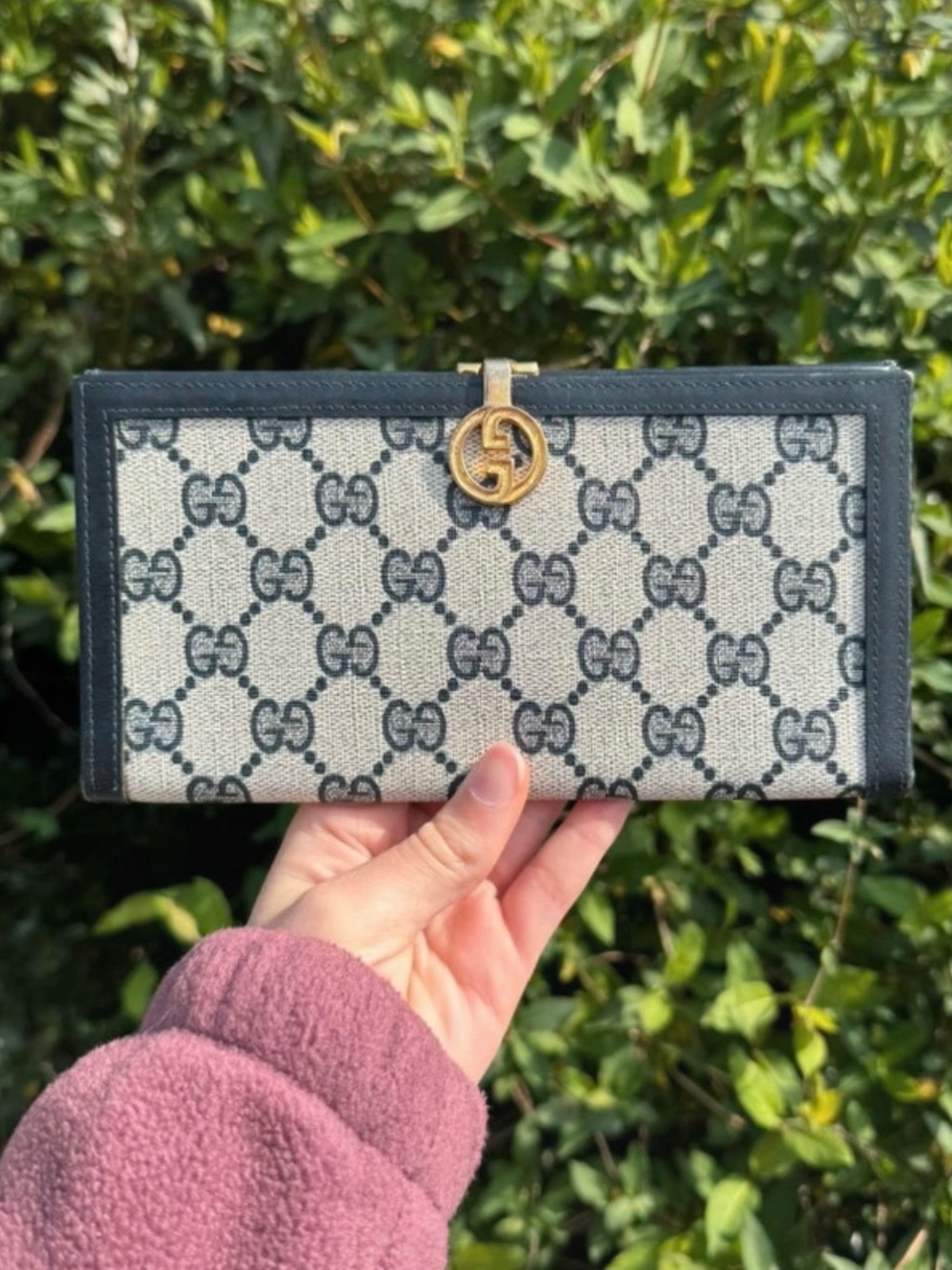 Gucci Beige Canvas GG Continental Wallet with Black Trim